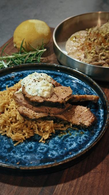 Middle Eastern Lamb Shoulder with Saffron Rice and Eggplant Tahini