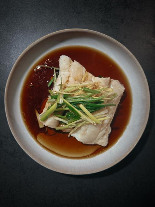 Cantonese Steamed Fish with Jasmine Rice and Tempura Enoki