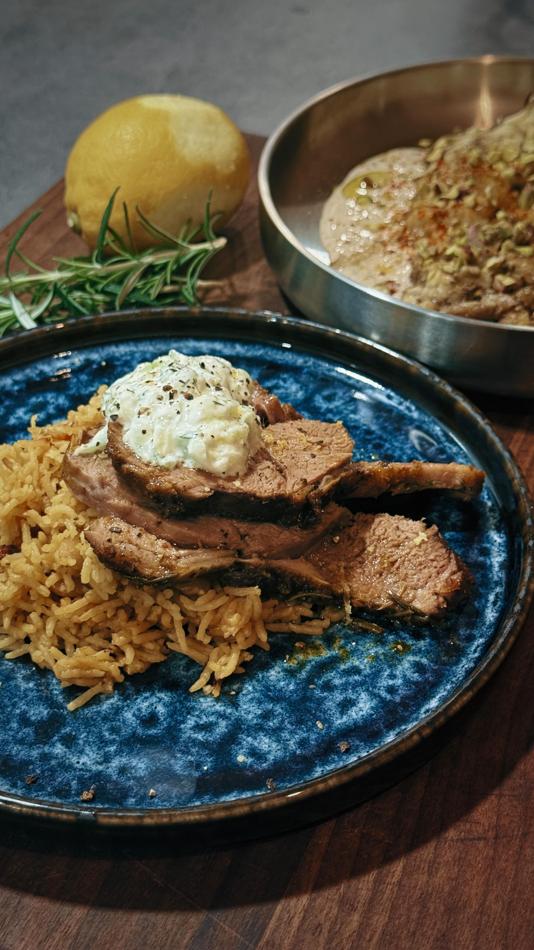 Middle Eastern Lamb Shoulder with Saffron Rice and Eggplant Tahini