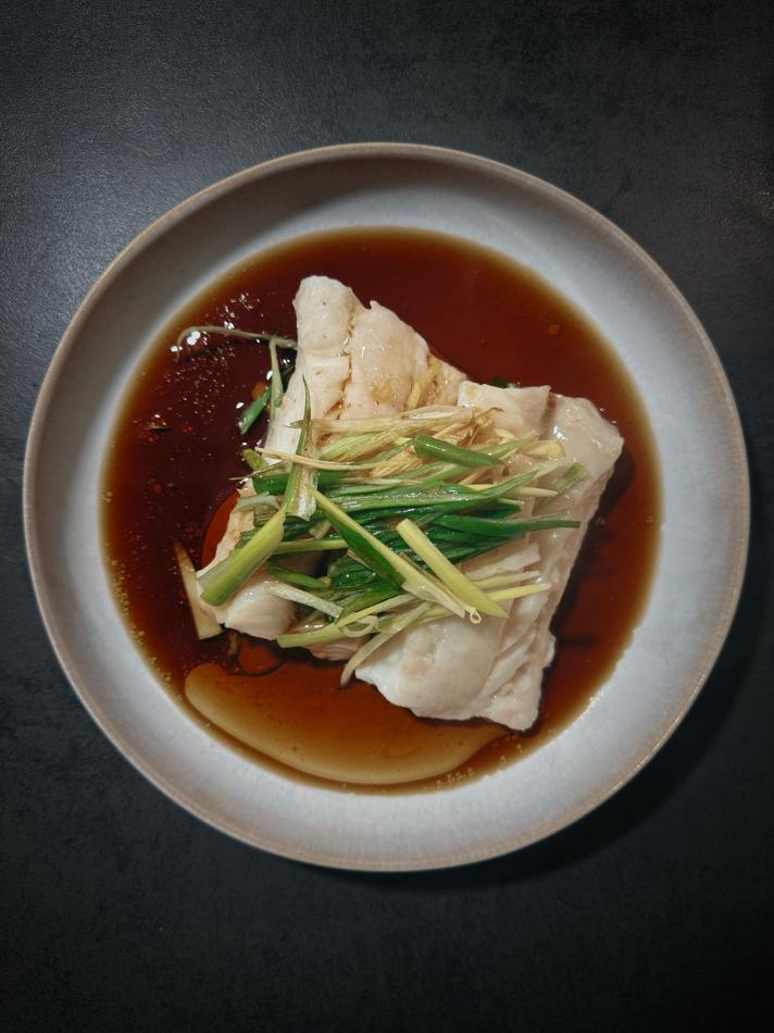 Cantonese Steamed Fish with Jasmine Rice and Tempura Enoki