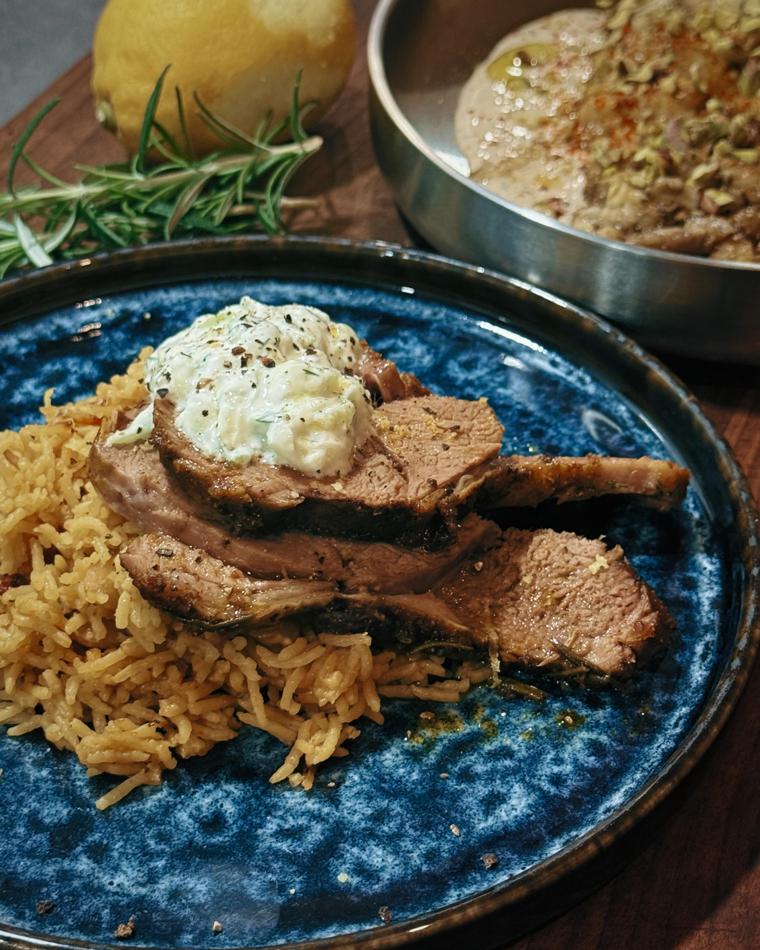Middle Eastern Lamb Shoulder with Saffron Rice and Eggplant Tahini
