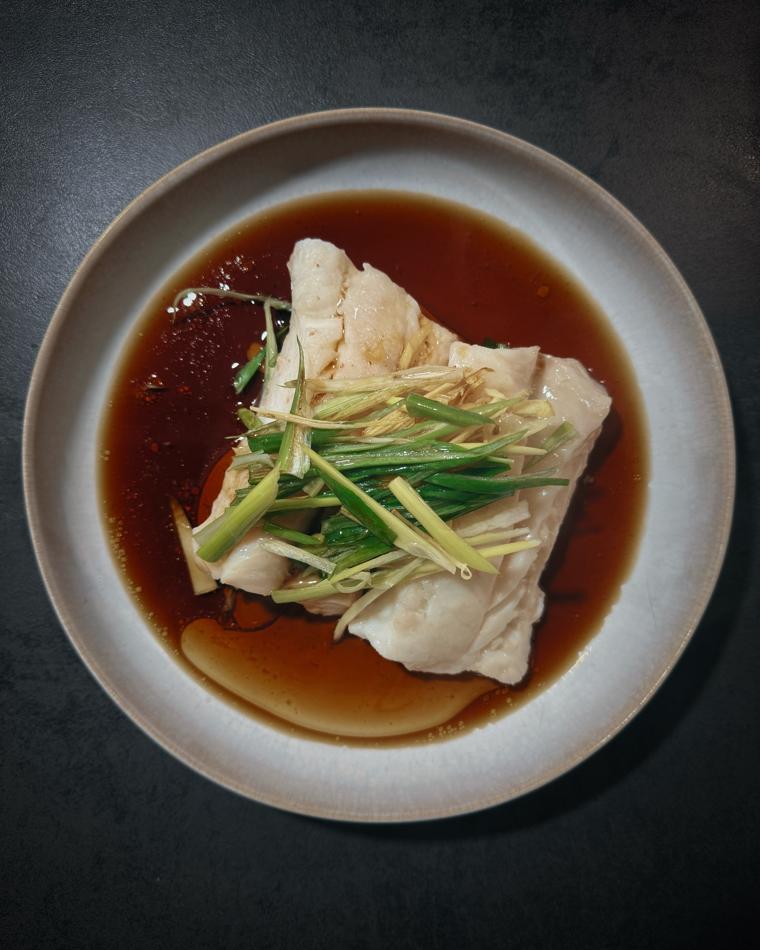 Cantonese Steamed Fish with Jasmine Rice and Tempura Enoki
